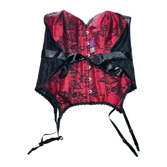 Adore Me Lace Strapless Corset Size 0X Lace Up Red Black Garter Clips Lingerie - Picture 1 of 13